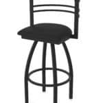 30-Inch Steel Swivel Bar Stool with Black Wrinkle Finish, Black Vinyl 2.5-Inch Cushion Seat, Tall Curved Slat Back, and Single-Ring Base