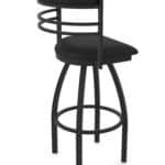 30-Inch Steel Swivel Bar Stool with Black Wrinkle Finish, Black Vinyl 2.5-Inch Cushion Seat, Tall Curved Slat Back, and Single-Ring Base