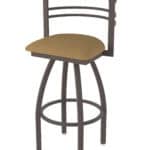 30-Inch Steel Swivel Bar Stool with Bronze Finish, Canter Saddle 2.5-Inch Cushion Seat, Tall Curved Slat Back, and Single-Ring Base
