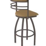 30-Inch Steel Swivel Bar Stool with Bronze Finish, Canter Saddle 2.5-Inch Cushion Seat, Tall Curved Slat Back, and Single-Ring Base