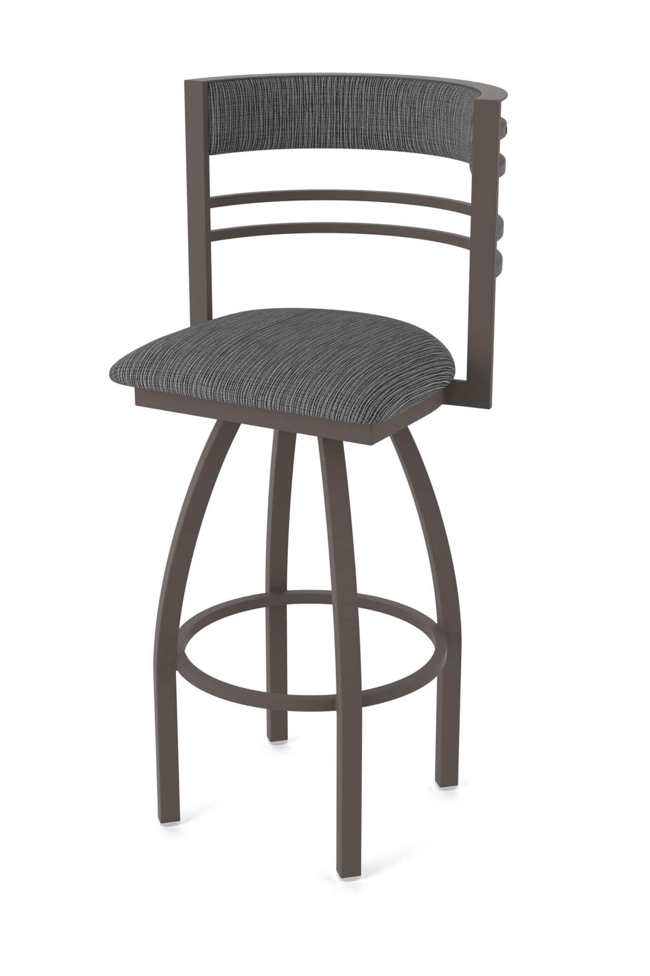 36-Inch Steel Swivel Bar Stool with Bronze Finish, Graph Coal 2.5-Inch Cushion Seat, Tall Curved Slat Back, and Single-Ring Base 1 36-Inch Steel Swivel Bar Stool with Bronze Finish, Graph Coal 2.5-Inch Cushion Seat, Tall Curved Slat Back, and Single-Ring Base