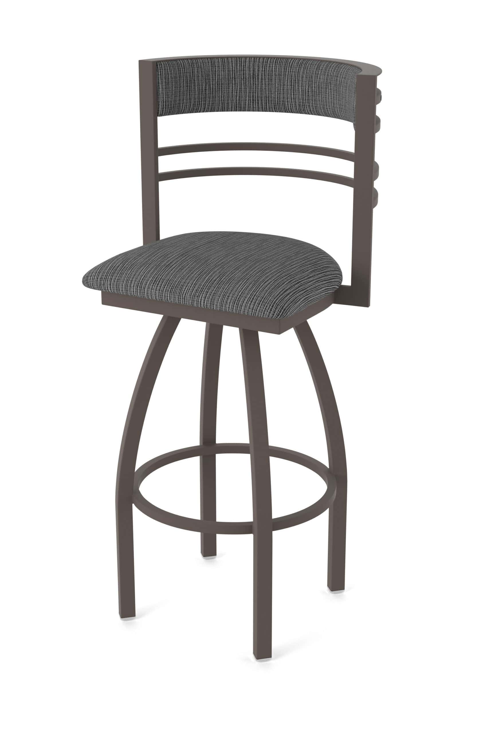 36-Inch Steel Swivel Bar Stool with Bronze Finish, Graph Coal 2.5-Inch Cushion Seat, Tall Curved Slat Back, and Single-Ring Base 13 36-Inch Steel Swivel Bar Stool with Bronze Finish, Graph Coal 2.5-Inch Cushion Seat, Tall Curved Slat Back, and Single-Ring Base