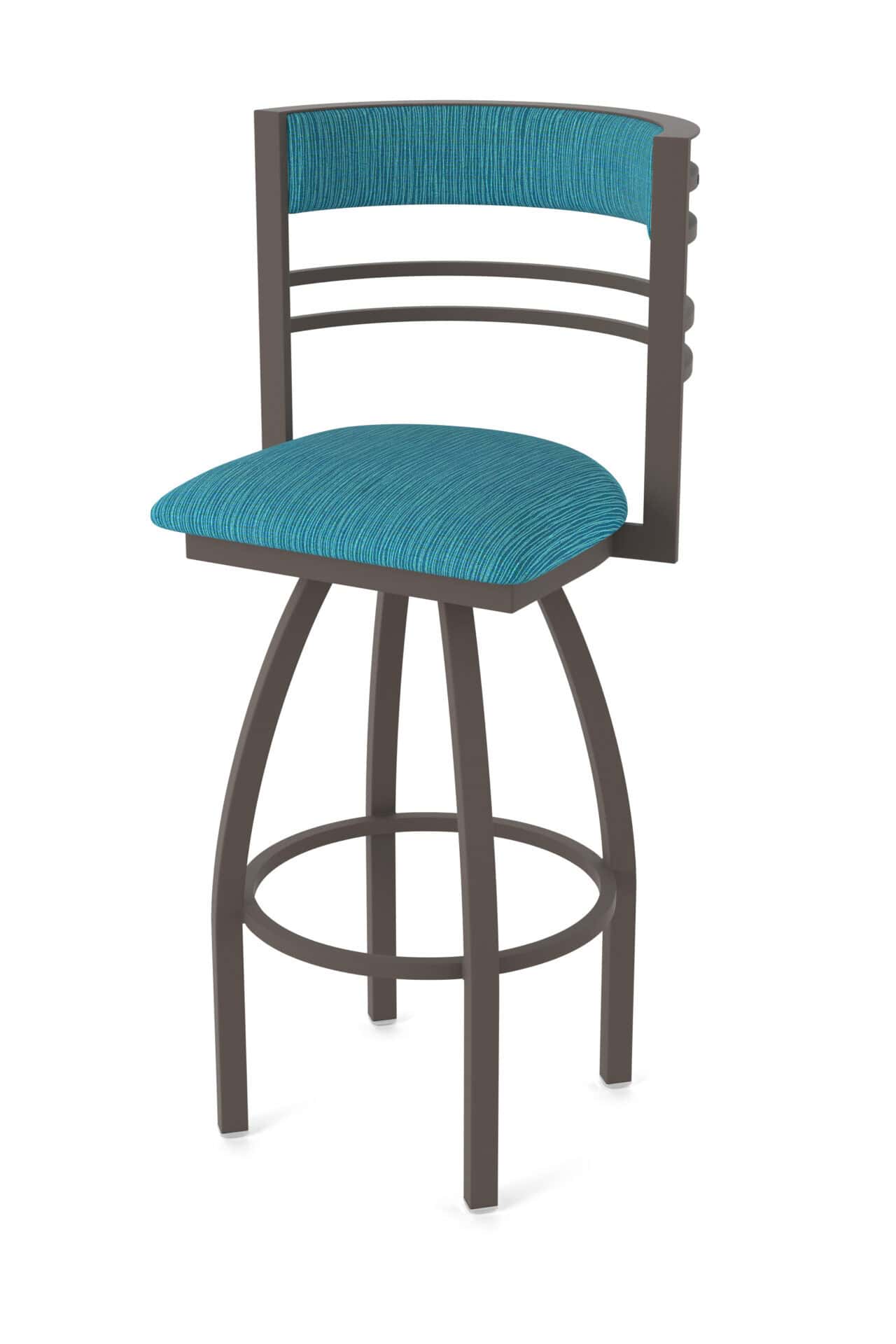 36-Inch Steel Swivel Bar Stool with Bronze Finish, Graph Tidal 2.5-Inch Cushion Seat, Tall Curved Slat Back, and Single-Ring Base 1 36-Inch Steel Swivel Bar Stool with Bronze Finish, Graph Tidal 2.5-Inch Cushion Seat, Tall Curved Slat Back, and Single-Ring Base