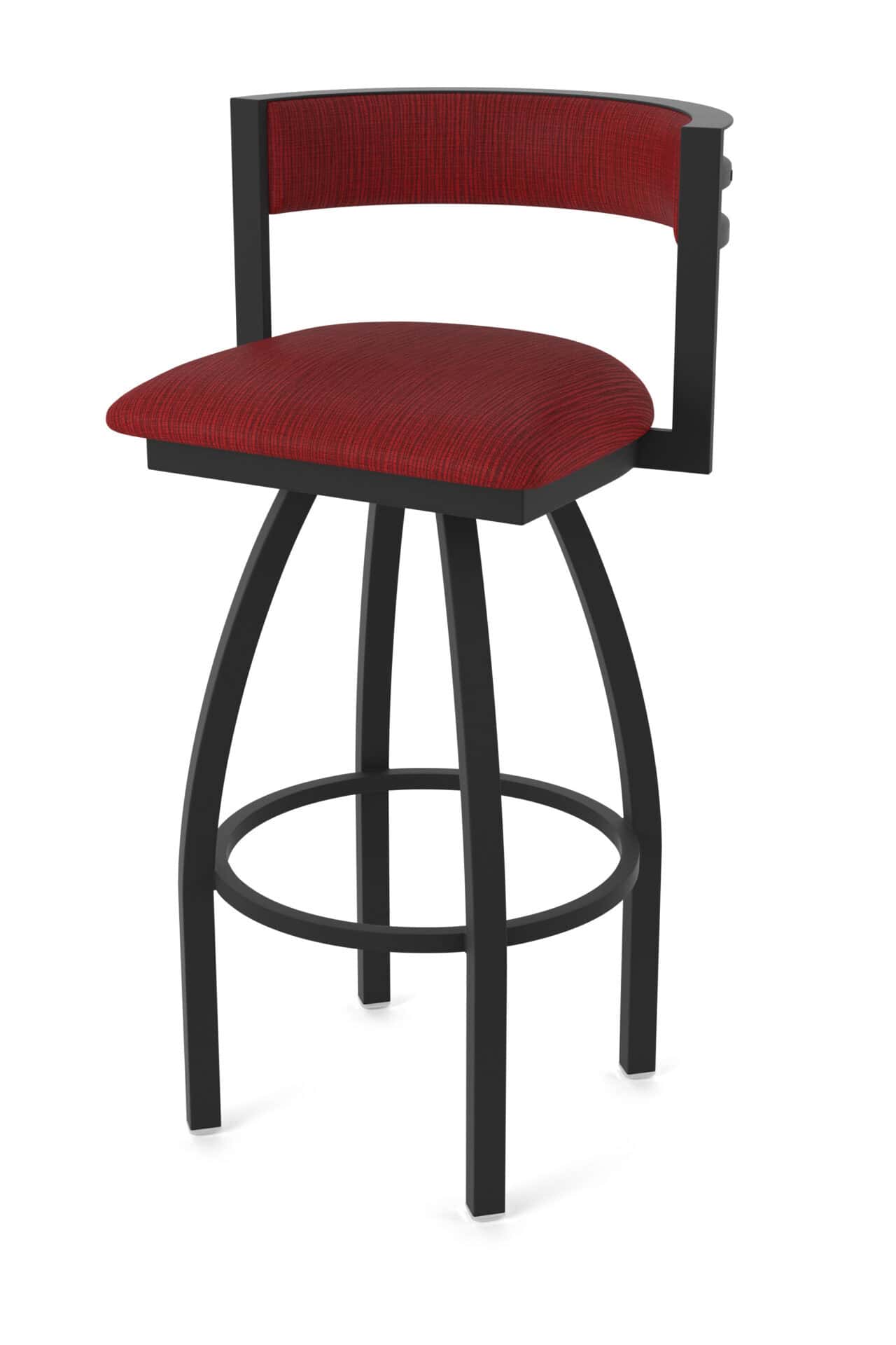 36-Inch Steel Swivel Bar Stool with Black Wrinkle Finish, Graph Ruby 2.5-Inch Cushion Seat, Low Curved Padded Back, and Single-Ring Base 1 36-Inch Steel Swivel Bar Stool with Black Wrinkle Finish, Graph Ruby 2.5-Inch Cushion Seat, Low Curved Padded Back, and Single-Ring Base