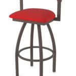 25-Inch Steel Swivel Counter Stool with Bronze Finish, Canter Red 2.5-Inch Cushion Seat, Low Curved Padded Back, and Single-Ring Base