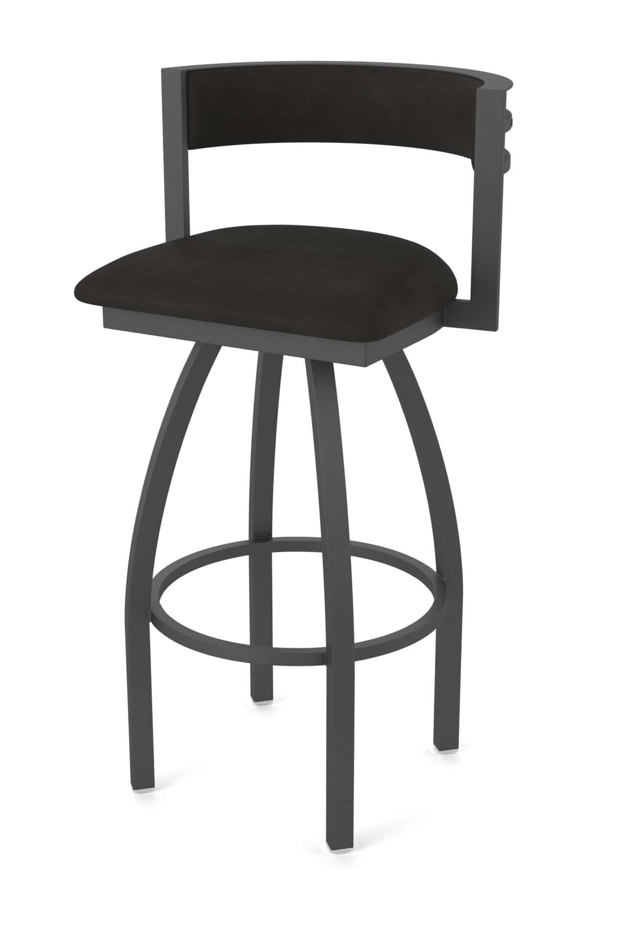 36-Inch Steel Swivel Bar Stool with Pewter Finish, Canter Espresso 2.5-Inch Cushion Seat, Low Curved Padded Back, and Single-Ring Base 1 36-Inch Steel Swivel Bar Stool with Pewter Finish, Canter Espresso 2.5-Inch Cushion Seat, Low Curved Padded Back, and Single-Ring Base