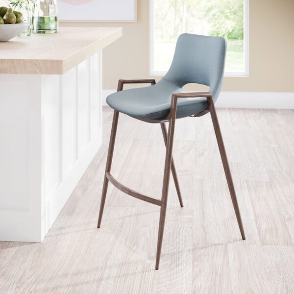 Mid-Century Modern Gray Faux Leather Counter Stool with Walnut Legs (Set of 2)