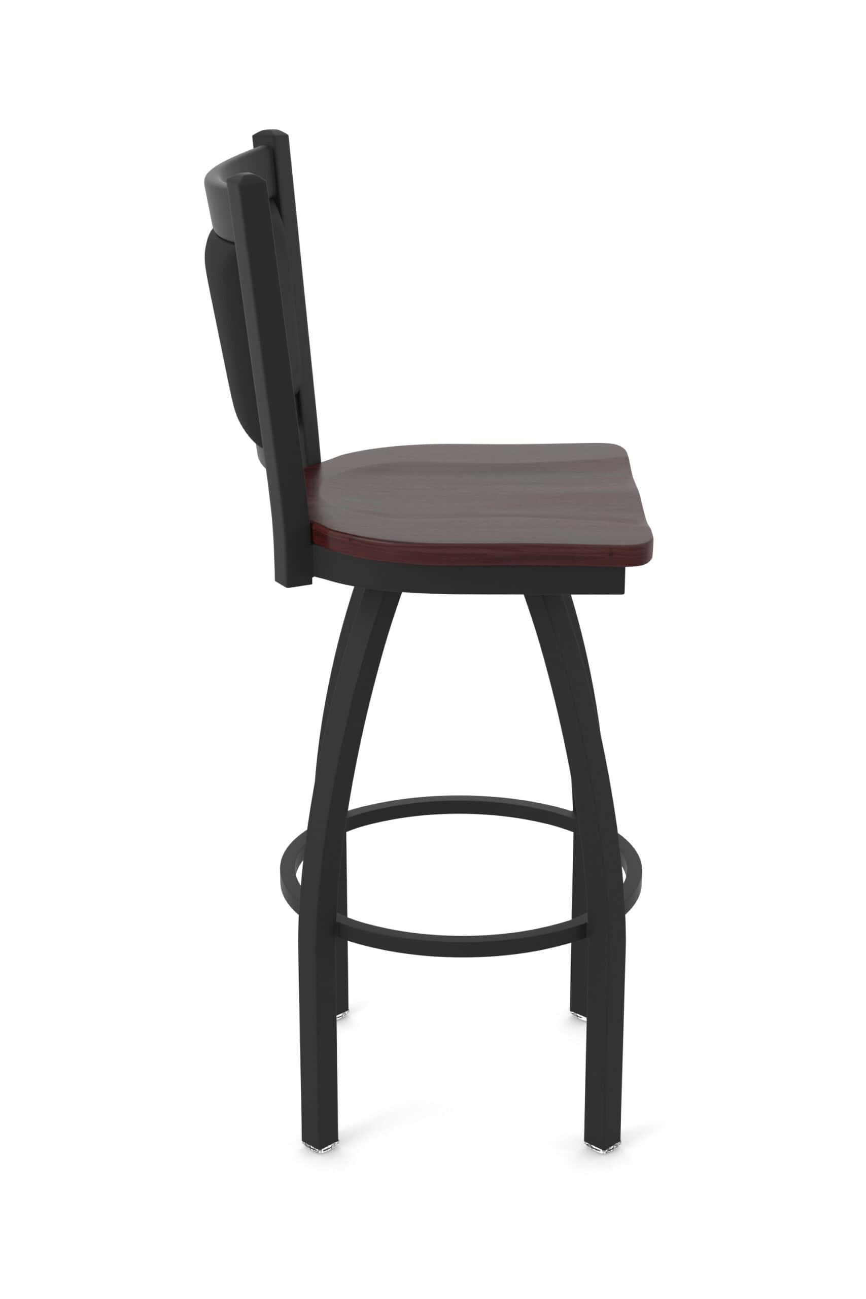 36-Inch Steel Swivel Bar Stool with Black Wrinkle Finish, Dark Cherry Maple Solid Maple Wood Seat, Padded Back, and Single-Ring Base 12 36-Inch Steel Swivel Bar Stool with Black Wrinkle Finish, Dark Cherry Maple Solid Maple Wood Seat, Padded Back, and Single-Ring Base