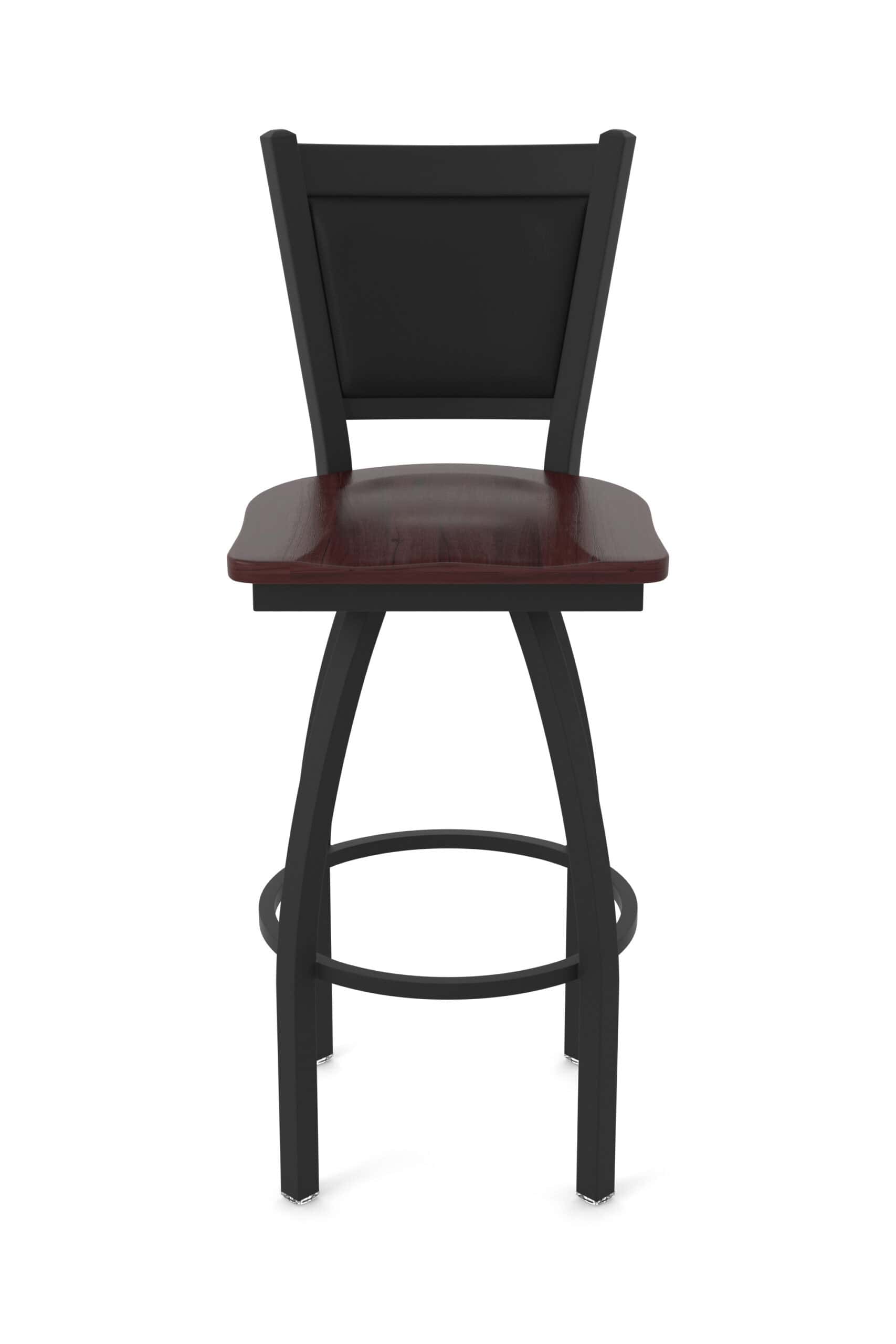 36-Inch Steel Swivel Bar Stool with Black Wrinkle Finish, Dark Cherry Maple Solid Maple Wood Seat, Padded Back, and Single-Ring Base 13 36-Inch Steel Swivel Bar Stool with Black Wrinkle Finish, Dark Cherry Maple Solid Maple Wood Seat, Padded Back, and Single-Ring Base