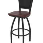 36-Inch Steel Swivel Bar Stool with Black Wrinkle Finish, Dark Cherry Oak Solid Oak Wood Seat, Padded Back, and Single-Ring Base