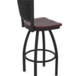 36-Inch Steel Swivel Bar Stool with Black Wrinkle Finish, Dark Cherry Oak Solid Oak Wood Seat, Padded Back, and Single-Ring Base