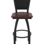 36-Inch Steel Swivel Bar Stool with Black Wrinkle Finish, Dark Cherry Oak Solid Oak Wood Seat, Padded Back, and Single-Ring Base