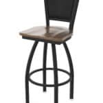 25-Inch Steel Swivel Counter Stool with Black Wrinkle Finish, Dark Maple Solid Maple Wood Seat, Padded Back, and Single-Ring Base