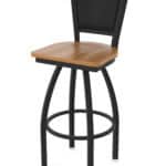 30-Inch Steel Swivel Bar Stool with Black Wrinkle Finish, Medium Maple Solid Maple Wood Seat, Padded Back, and Single-Ring Base