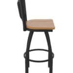 30-Inch Steel Swivel Bar Stool with Black Wrinkle Finish, Medium Maple Solid Maple Wood Seat, Padded Back, and Single-Ring Base
