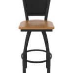30-Inch Steel Swivel Bar Stool with Black Wrinkle Finish, Medium Maple Solid Maple Wood Seat, Padded Back, and Single-Ring Base
