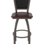 30-Inch Steel Swivel Bar Stool with Bronze Finish, Dark Cherry Maple Solid Maple Wood Seat, Padded Back, and Single-Ring Base