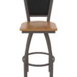 30-Inch Steel Swivel Bar Stool with Bronze Finish, Medium Maple Solid Maple Wood Seat, Padded Back, and Single-Ring Base