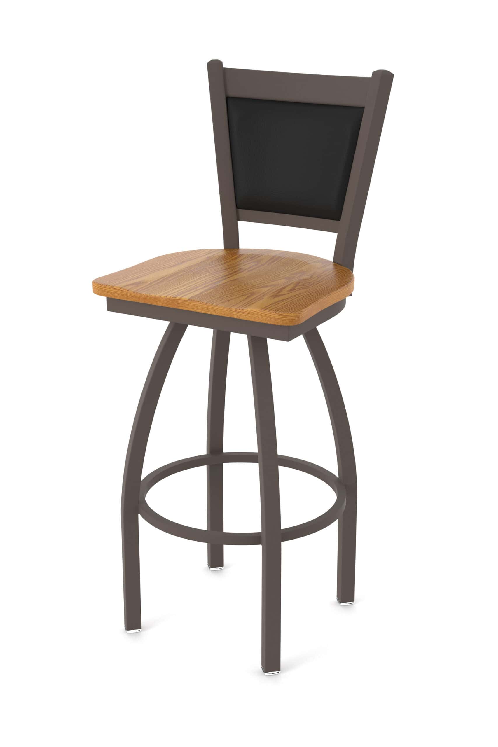 36-Inch Steel Swivel Bar Stool with Bronze Finish, Medium Oak Solid Oak Wood Seat, Padded Back, and Single-Ring Base 9 36-Inch Steel Swivel Bar Stool with Bronze Finish, Medium Oak Solid Oak Wood Seat, Padded Back, and Single-Ring Base