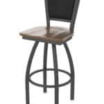 30-Inch Steel Swivel Bar Stool with Pewter Finish, Dark Maple Solid Maple Wood Seat, Padded Back, and Single-Ring Base
