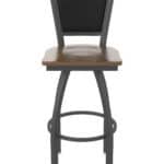 30-Inch Steel Swivel Bar Stool with Pewter Finish, Dark Maple Solid Maple Wood Seat, Padded Back, and Single-Ring Base