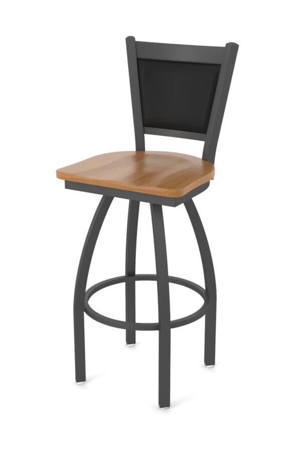 36-Inch Upholstered Back Bar Stool with Steel Frame, Pewter Finish, Medium Maple Seat, and Single-Ring Base