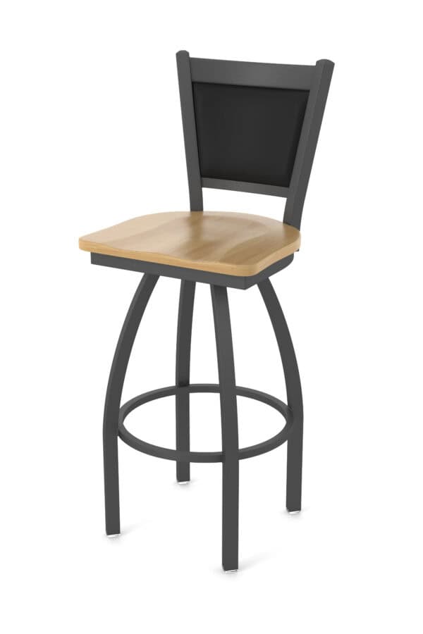 36-Inch Upholstered Back Bar Stool with Steel Frame, Pewter Finish, Natural Maple Seat, and Single-Ring Base