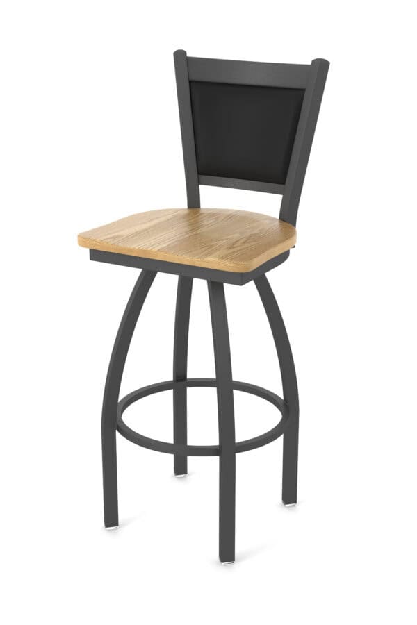 36-Inch Upholstered Back Bar Stool with Steel Frame, Pewter Finish, Natural Oak Seat, and Single-Ring Base