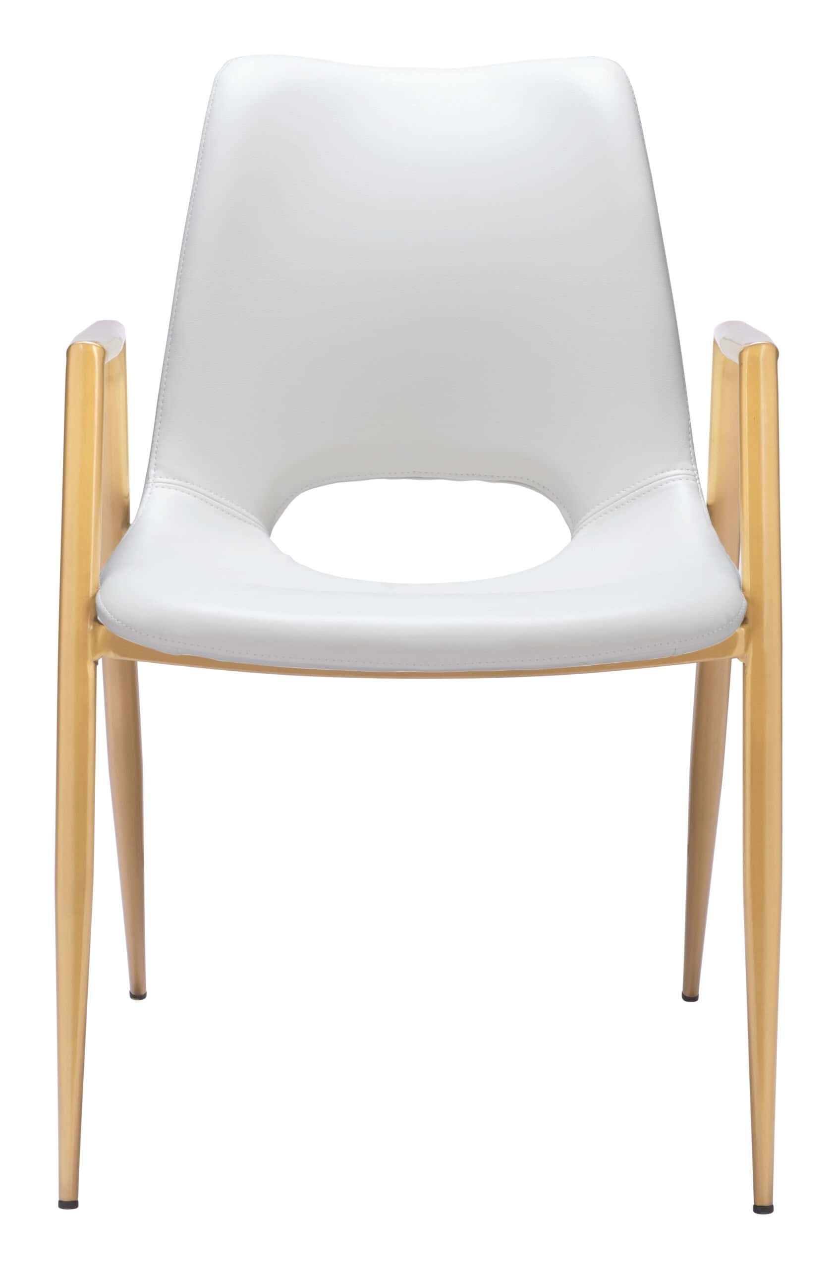 White and Gold Mid-Century Modern Dining Chairs with Armrests (Set of 2)
