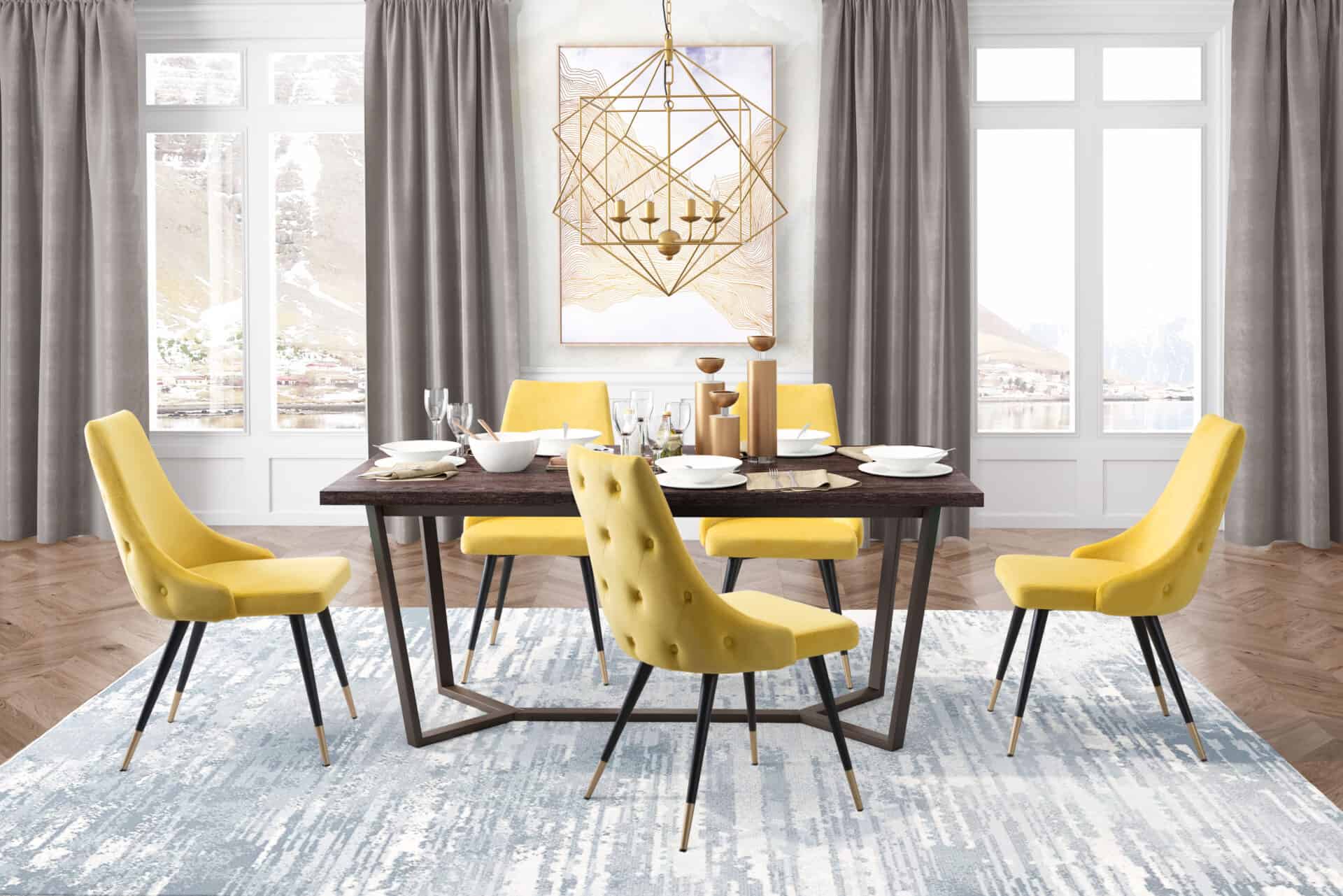 Yellow Velvet Tufted Side Chair with Brass Legs (Set of 2) 3 Yellow Velvet Tufted Side Chair with Brass Legs (Set of 2) - Image 3