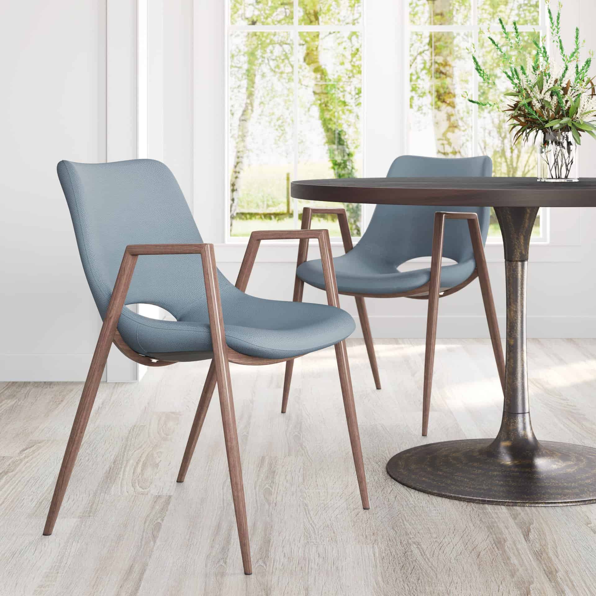 Mid Century Modern Dining Chair Faux Leather Walnut Legs (Set of 2)