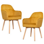 Yellow Velvet Upholstered Mid-Back Accent Armchairs with Wood Legs (Set of 2)