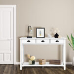 White Wooden Console Table with Drawers and Shelves for Storage