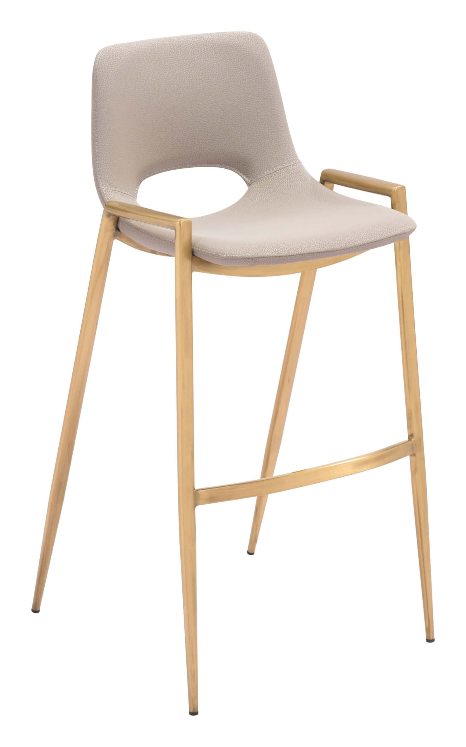 Beige Faux Leather Barstool with Gold Frame and Footrest (Set of 2)