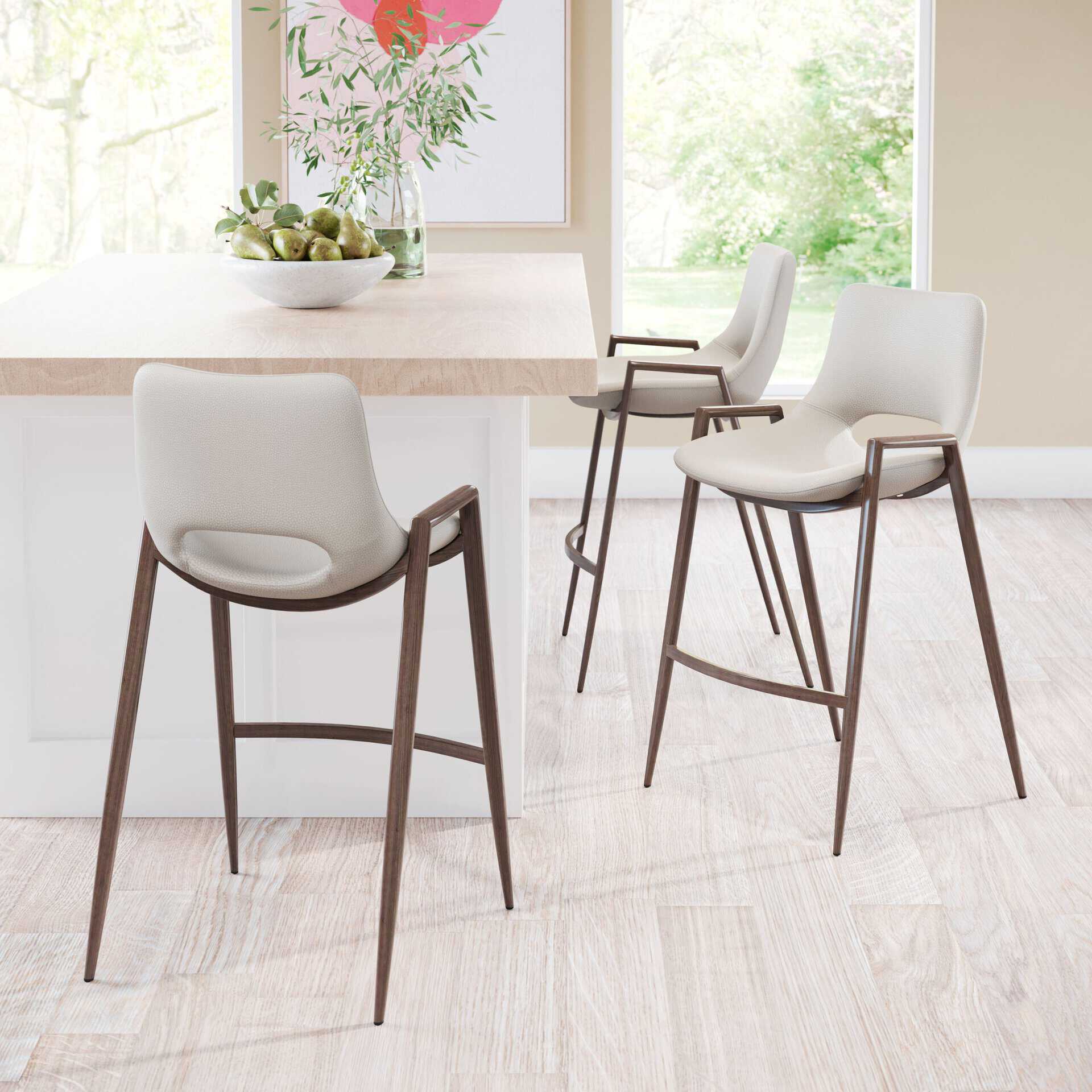 Mid-Century Modern Beige Counter Stool with Walnut Legs (Set of 2)