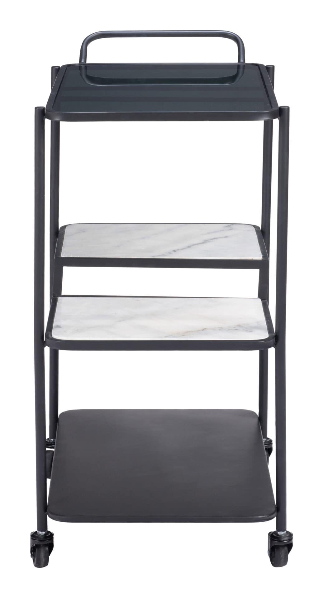Black Bar Cart with Marble Accents and Glass Shelves 3 Black Bar Cart with Marble Accents and Glass Shelves - Image 3