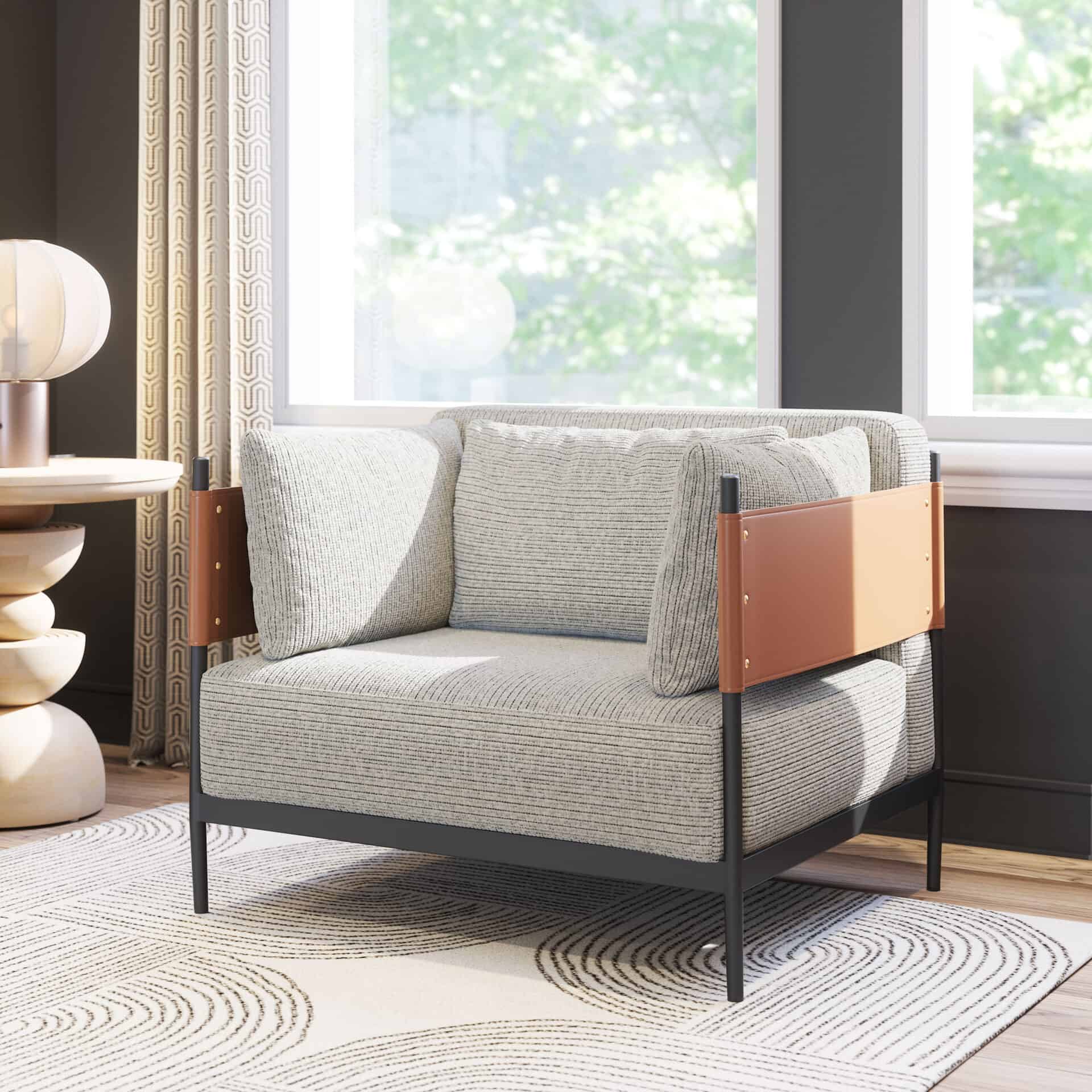 Industrial Gray Armchair with Steel Frame and Fabric Cushions 1 Industrial Gray Armchair with Steel Frame and Fabric Cushions