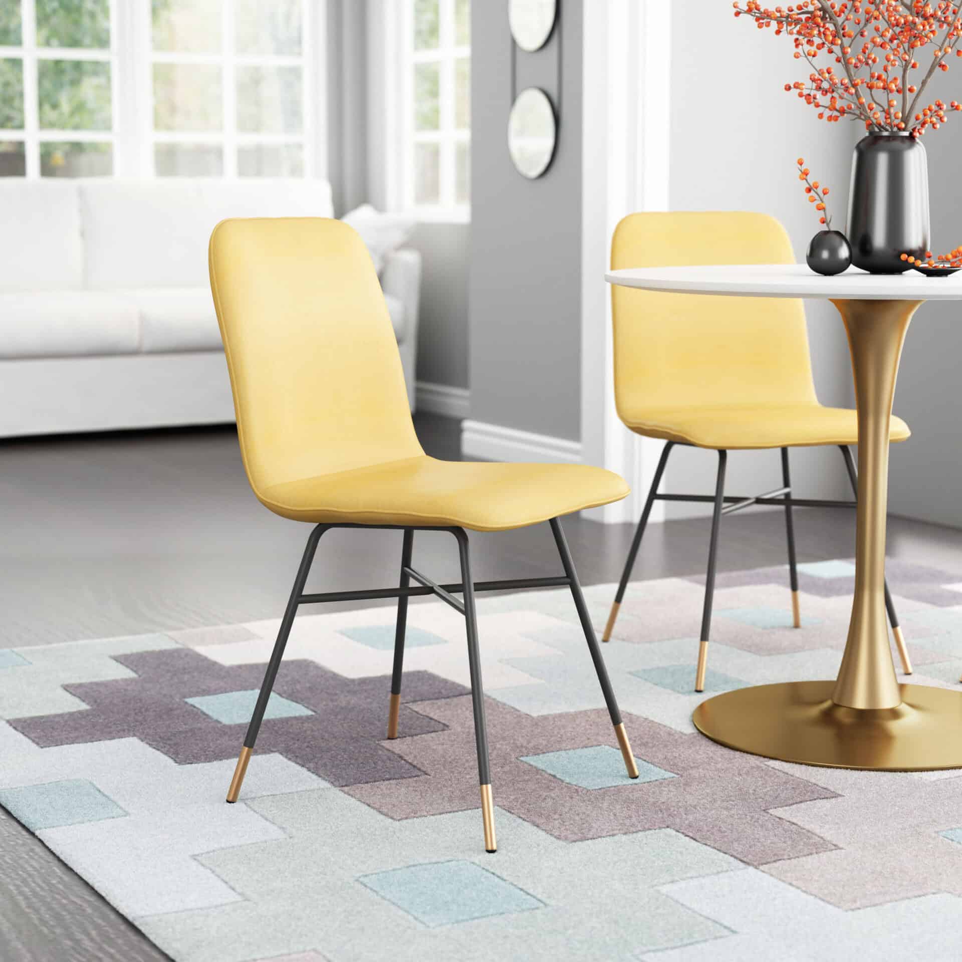 Yellow Polyester Upholstered Dining Chair with Gold-Tipped Legs (Set of 2) 1 Yellow Polyester Upholstered Dining Chair with Gold-Tipped Legs (Set of 2)