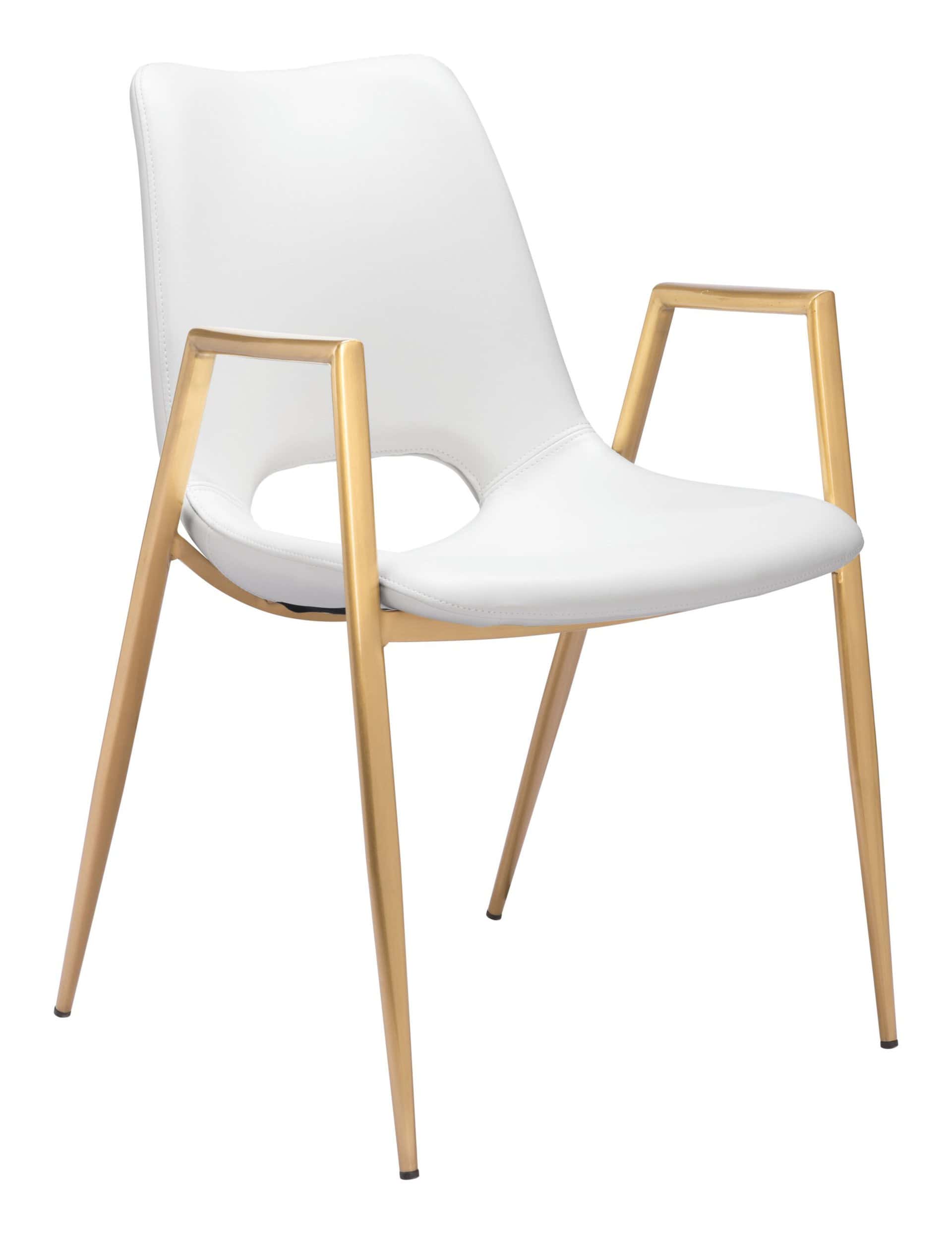 White and Gold Mid-Century Modern Dining Chairs with Armrests (Set of 2)