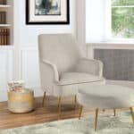 Modern Grey Velour Footstool with Gold Legs and Rubberwood Frame