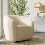 Ivory Cream Modern Swivel Accent Chair in Acacia and Polyester 6 Ivory Cream Modern Swivel Accent Chair in Acacia and Polyester
