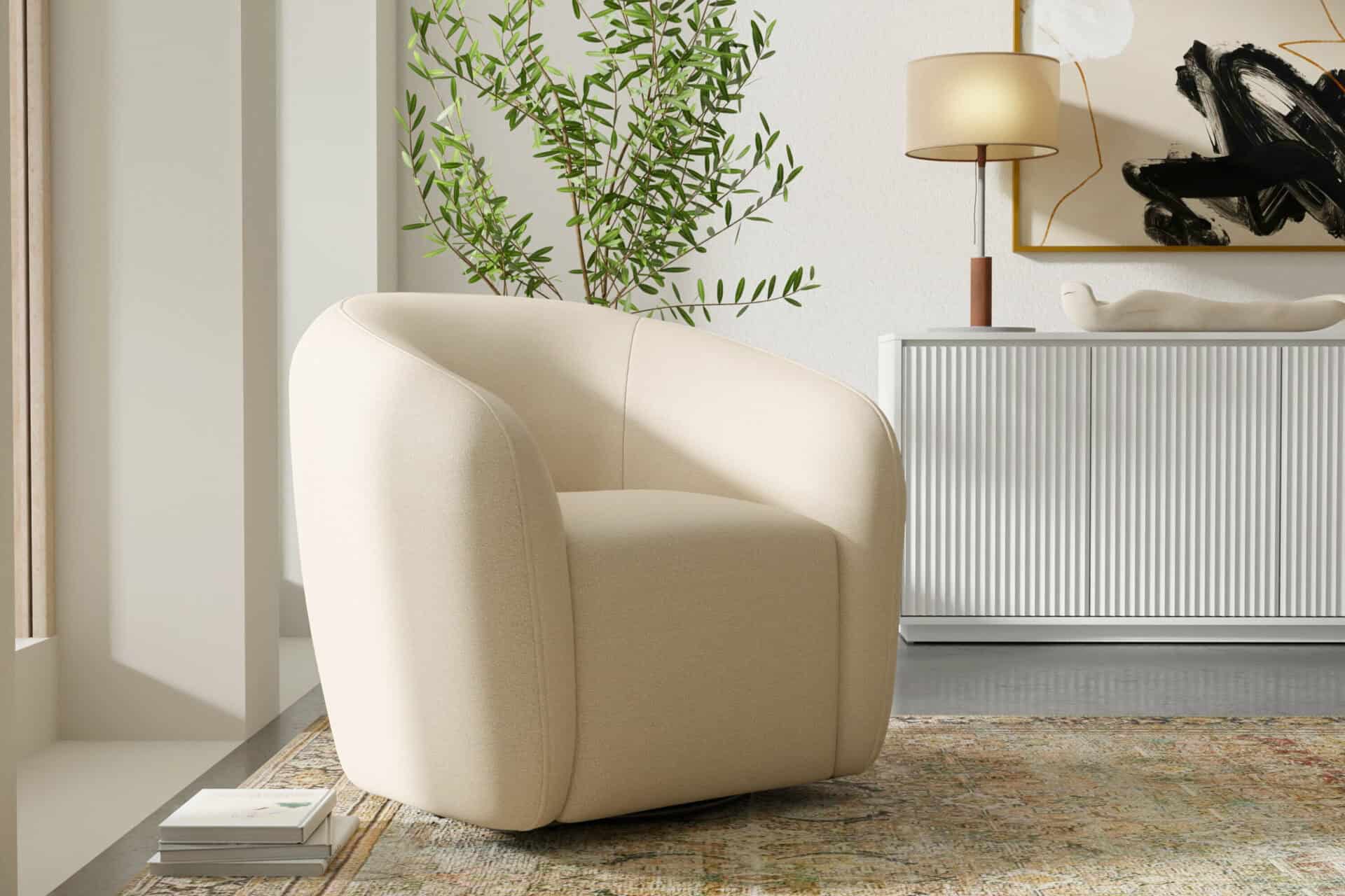 Ivory Cream Modern Swivel Accent Chair in Acacia and Polyester 1 Ivory Cream Modern Swivel Accent Chair in Acacia and Polyester