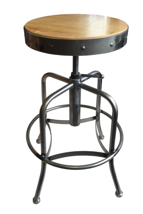 Adjustable Backless Bar Stool with Steel Frame, Clear Coat Finish, Natural Seat, and Screw Base