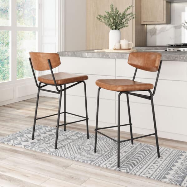 Vintage Brown Faux Leather Counter Stool, Steel Frame (Set of 2)
