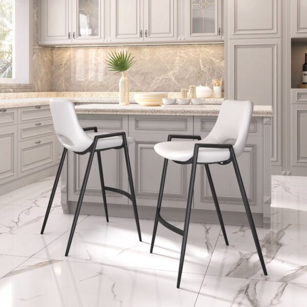 White Faux Leather Counter Stool with Black Steel Frame (Set of 2)