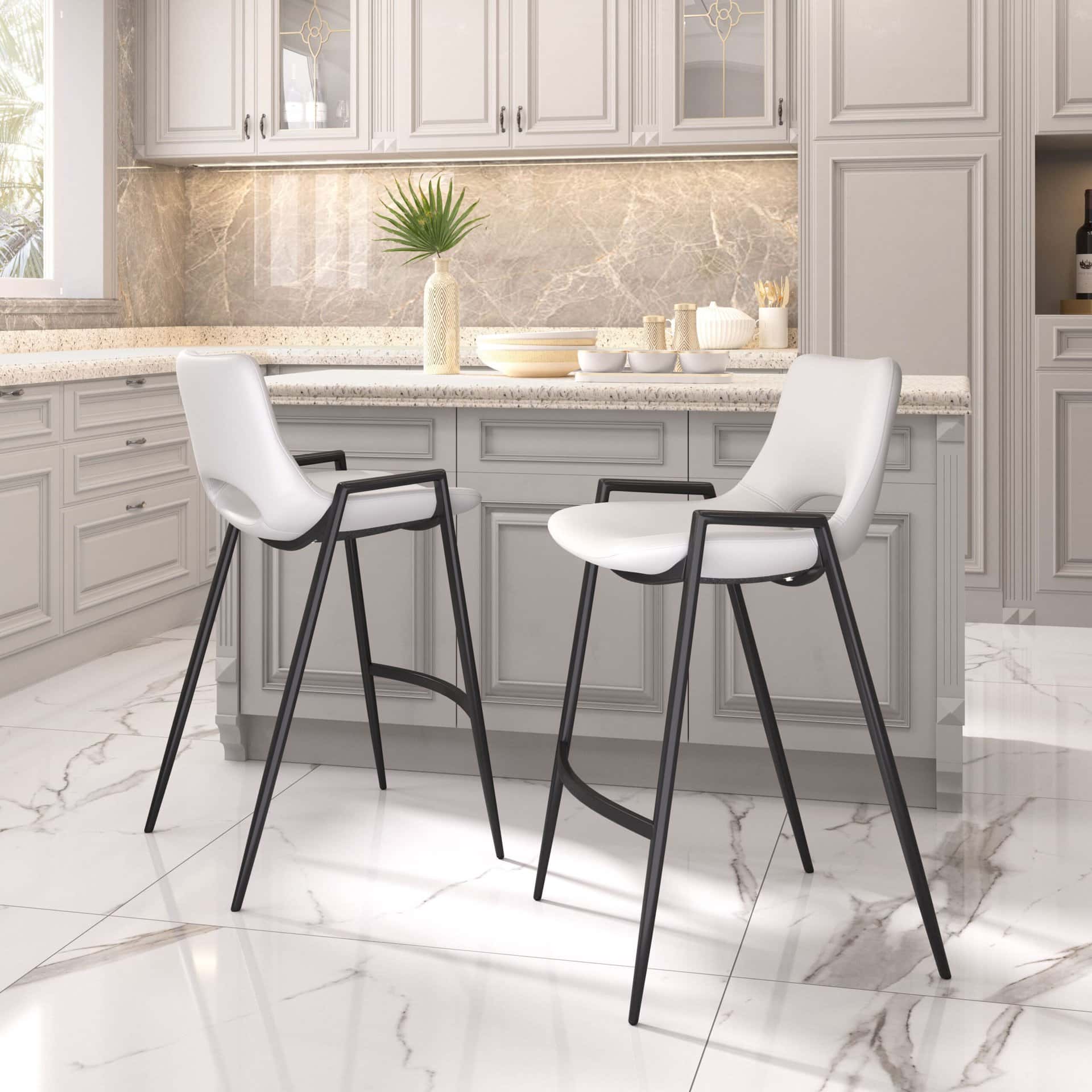 White Faux Leather Counter Stool with Black Steel Frame (Set of 2)