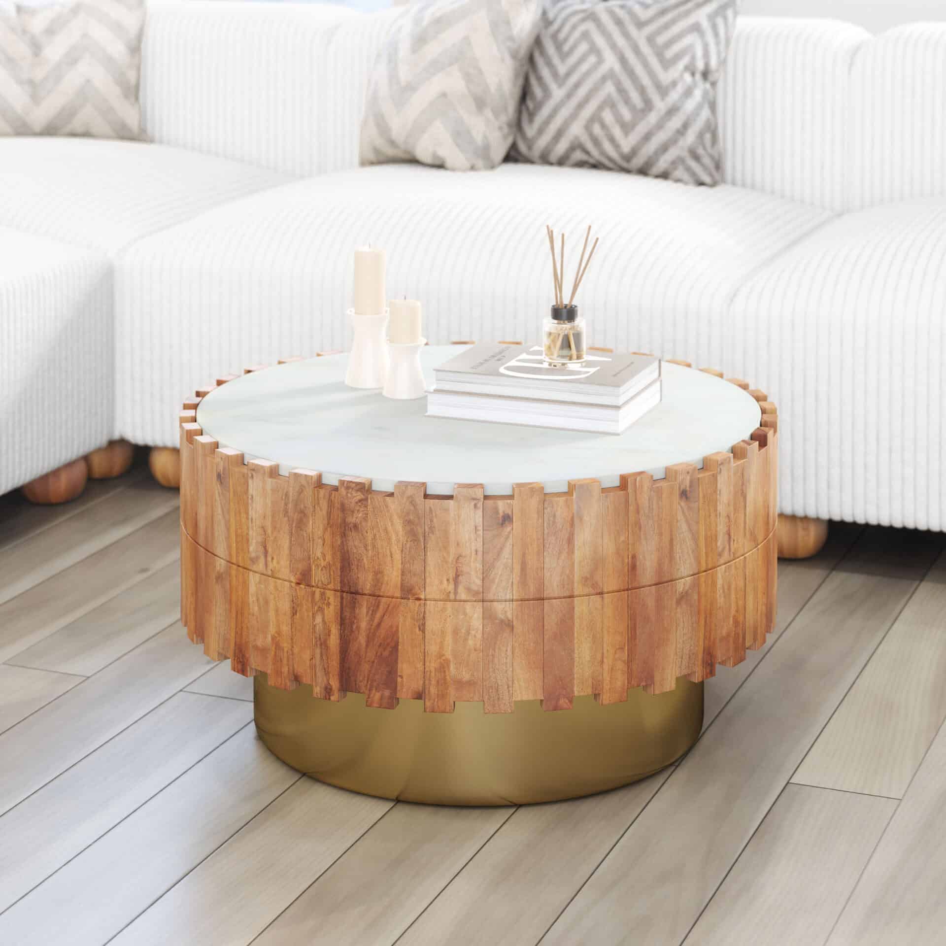 Round Marble Top Coffee Table with Painted Wood Base 1 Round Marble Top Coffee Table with Painted Wood Base