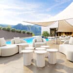 Beige Outdoor Loveseat with Durable Frame and Washable Cushions