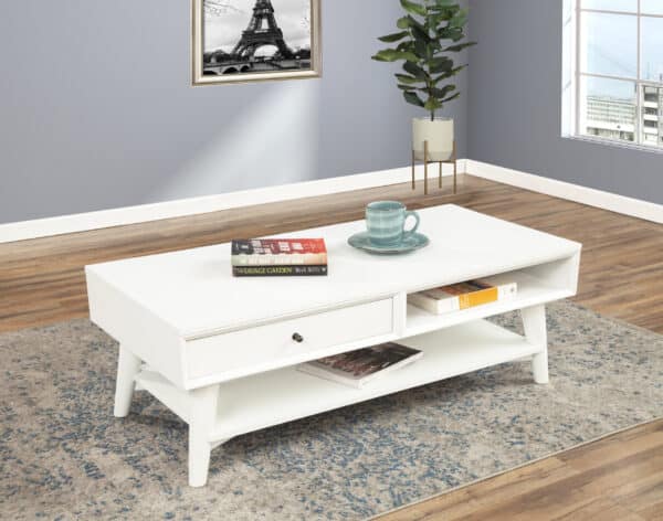 White Mid Century Modern Mahogany Coffee Table with Storage