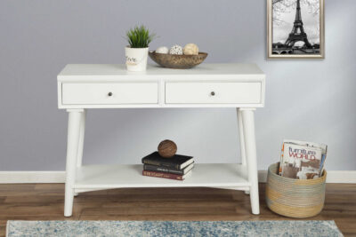 White Mid Century Modern Mahogany Console Table with Drawers